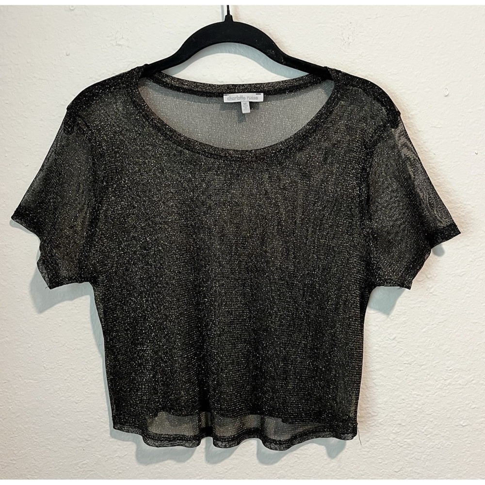 Vintage Y2K Charlotte Russe Top Size Medium Sheer Metallic Black Gold Short Slv
